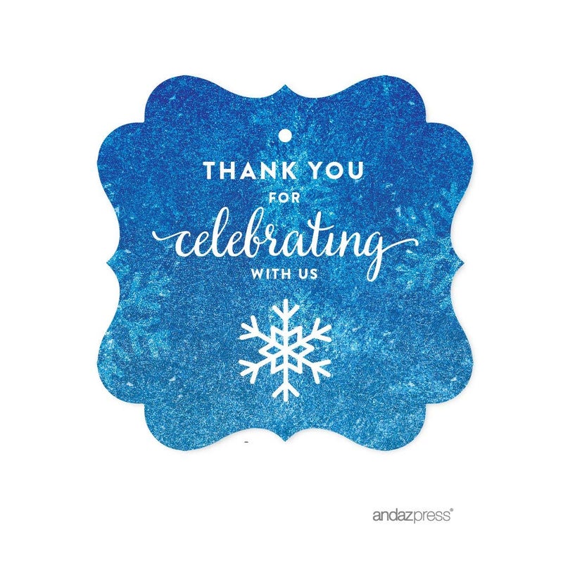 Andaz Press Birthday Fancy Frame Gift Tags, Thank You for Celebrating with Us, Frozen Snowflake, 24-Pack, for Blue Winter Christmas Holiday Gifts Snowflake Gift Tags Thank You Christmas Tags - Image 1